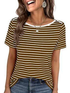 Women's Brown Stripe Boat Neck Tops Short Sleeve T-Shirts Causal Fashion Clothes